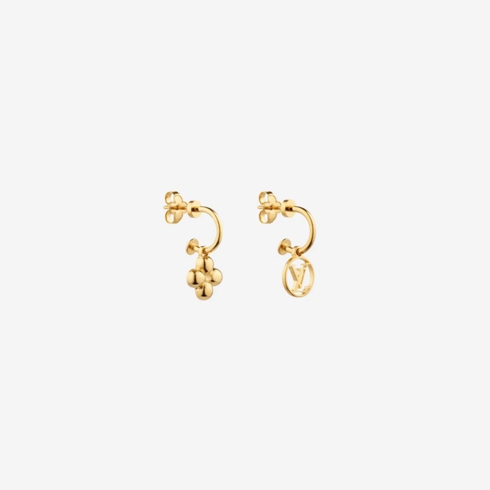 Authentic Louis Vuitton Gold Tone Earrings LV Logo & Bead Design w/ Box & Pouch